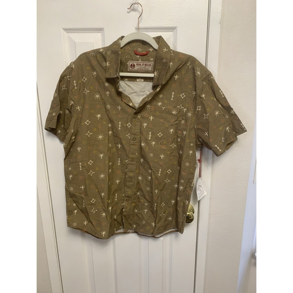 NWT Iron And Resin Cactus Desert Print Button Up Hemp Cotton Men's Shirt Olive L